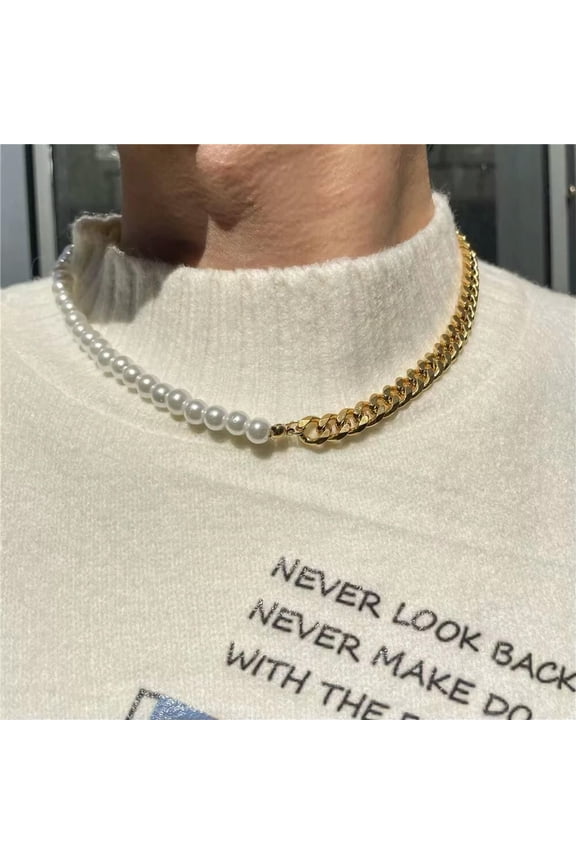 Gold Pearl Cuban Link Chain Necklace Stainless Steel Punk Rock Biker Jewelry Men