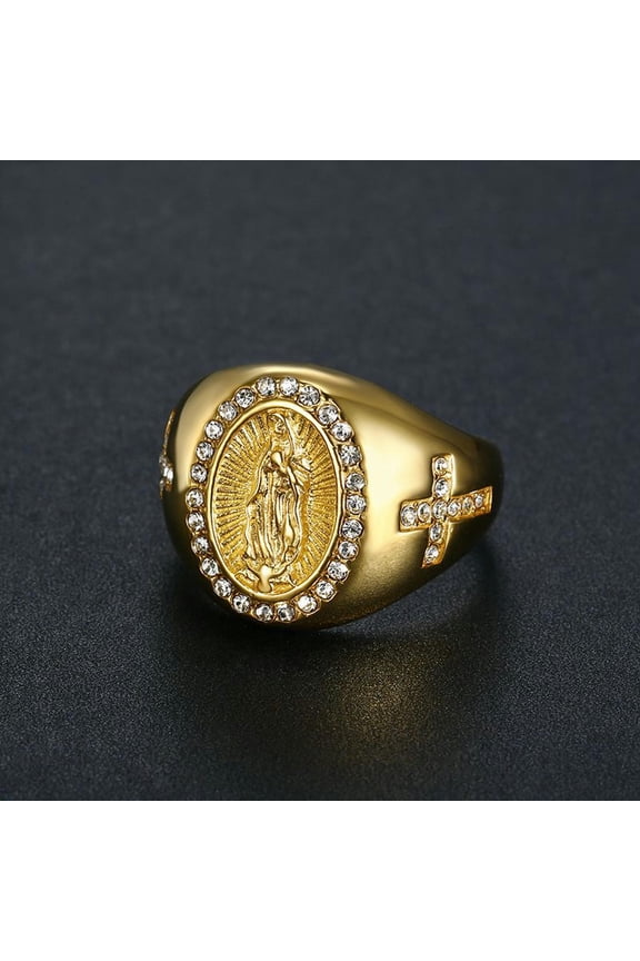 Gold Plated Cross Ring Catholic Virgin Mary Men's Stainless Steel CZ Ring Prayer-Gold-9