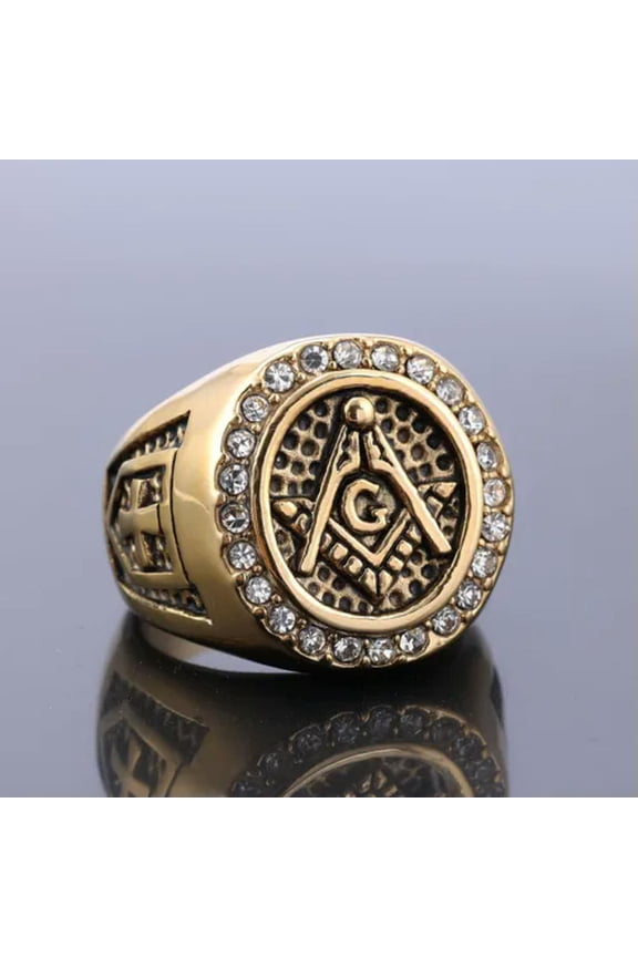Gold Plated Vintage Zircon Diamonds Freemason Masonry Master Masonic Men Ring-13