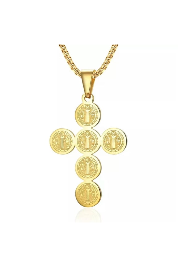 Gold Saint Benedict Medal Cross Pendant Protection Necklace Christian Jewelry