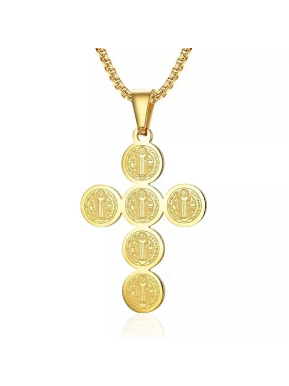 Gold Saint Benedict Medal Cross Pendant Protection Necklace Christian Jewelry
