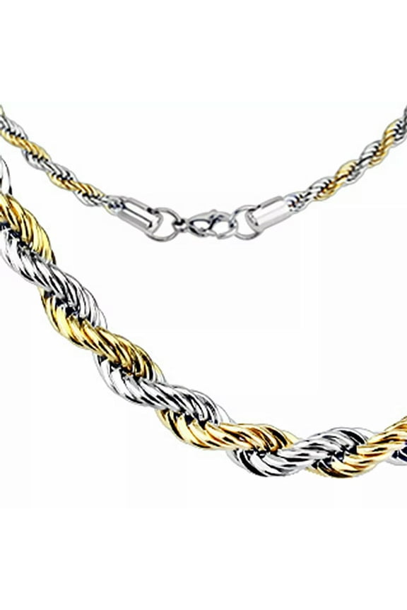 Gold Silver Rope Chain Necklace Two Tone Surgical Stainless Steel 4mm 24 Inch