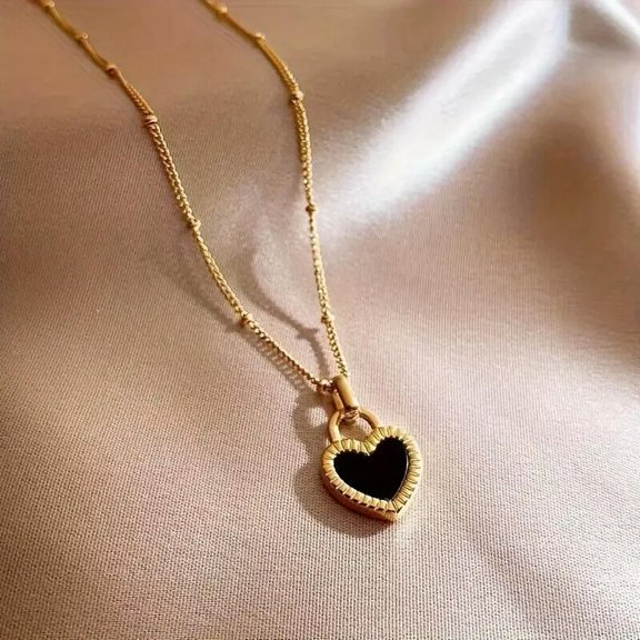 MATROOY Gold Titanium Double-sided Black White Shell Love Heart Lock Pendant Necklace