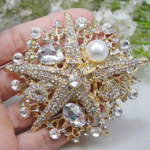 MATROOY Gold Tone Clear Starfish Pearl Woman Rhinestone Crystal Brooch Pin Accessories
