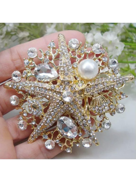 Gold Tone Clear Starfish Pearl Woman Rhinestone Crystal Brooch Pin Accessories
