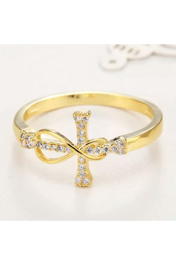Golden Inlaid Crystal Cross Christ Jesus Infinity Rings for Women Men Religious-1#-11