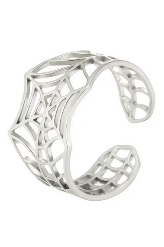 Gothic Art Deco Spider Web Ring Silver Stainless Steel Cybergoth Tarantula Band-8.5