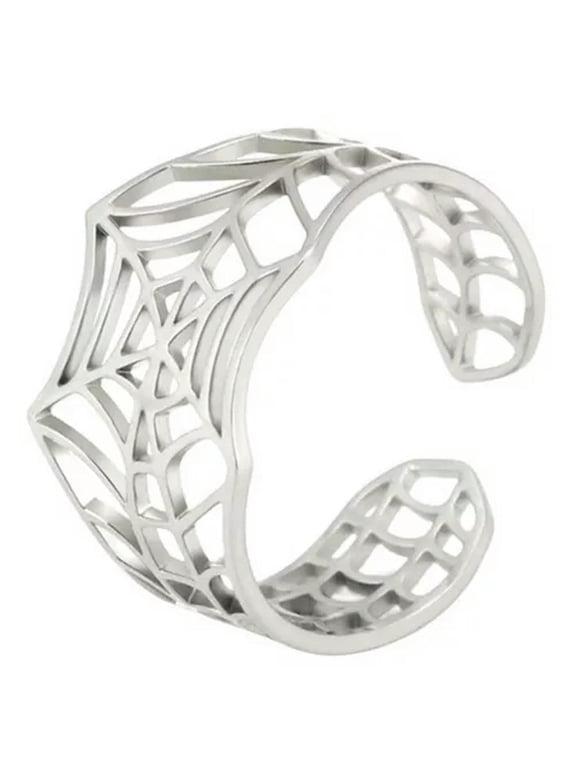 Gothic Art Deco Spider Web Ring Silver Stainless Steel Cybergoth Tarantula Band-8