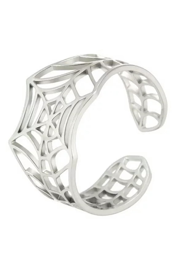 Gothic Art Deco Spider Web Ring Silver Stainless Steel Cybergoth Tarantula Band-9.5