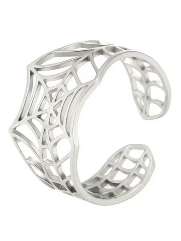 Gothic Art Deco Spider Web Ring Silver Stainless Steel Cybergoth Tarantula Band-9.5