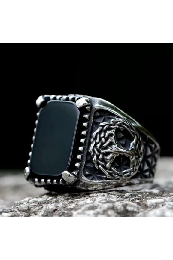 Gothic Black Agate Stainless Steel Men's Classic Wedding Fashion Punk Biker Ring-8