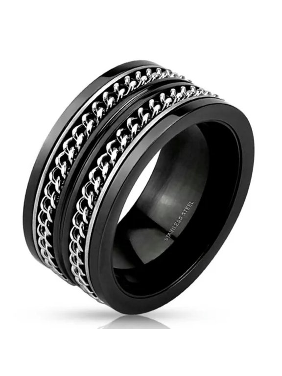 Gothic Black Double Chain Spinner Ring Mens Stainless Steel Anti-Anxiety Band-14