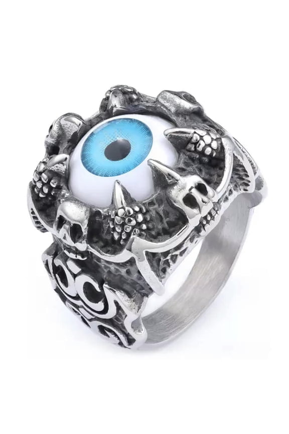 Gothic Eye Rings Green/Bule Eyeball Skull Claw Ring Men Women Stainless Steel-8-Blue