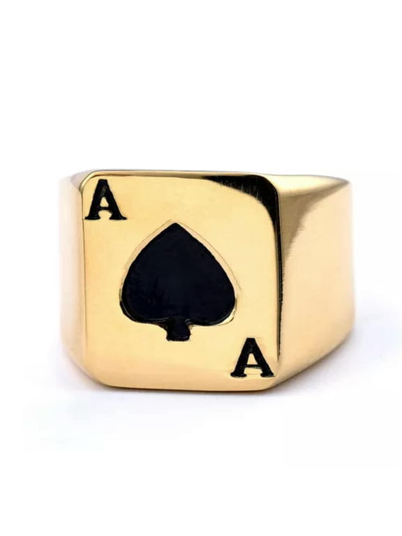 Gothic Poker Jewelry Stainless Steel Spades Ace Stamp Signet Lucky Finger Ring-11-Gold square