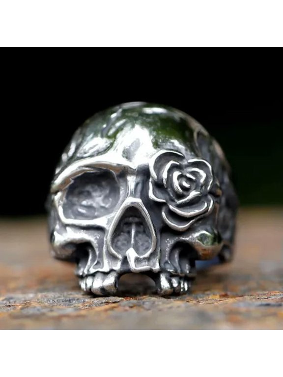 Gothic Rose Flower Gold Skull Ring Stainless Steel Men's Evil Skull Biker Ring-8