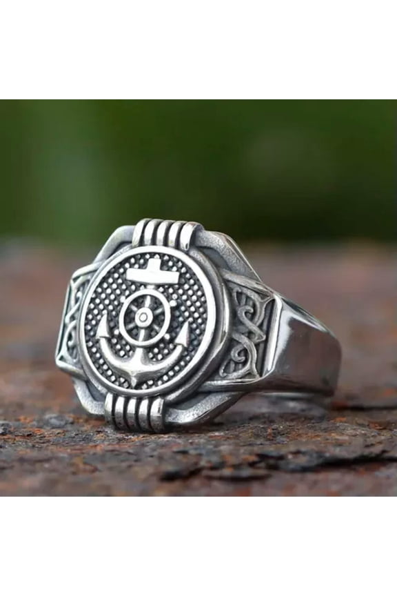 Gothic Ship's Cable Helm Anchor Ring Stainless Steel Men's Vintage Biker Ring-11