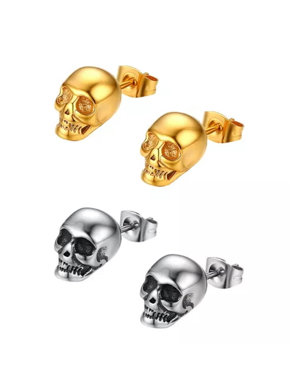 Gothic Skull Head Stud Earrings For Men Women Stainless Steel Pierced Halloween-Silver&Gold