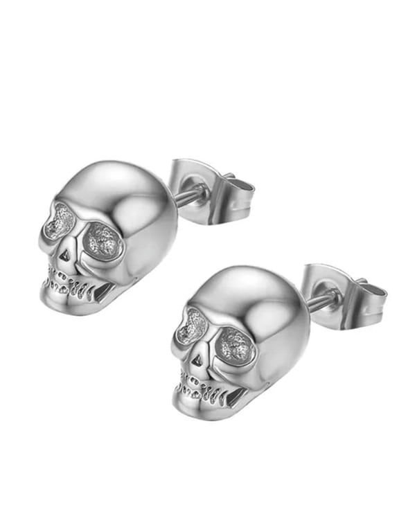 Gothic Skull Head Stud Earrings For Men Women Stainless Steel Pierced Halloween-Silver