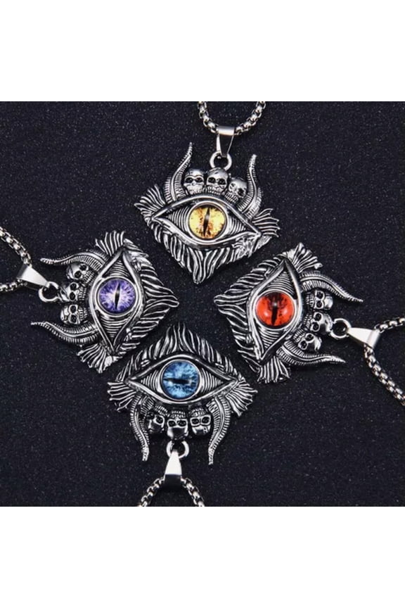 Gothic Skull Horned Demon Evil Eye Pendant Necklace Baphomet Jewelry Chain 24"-Red