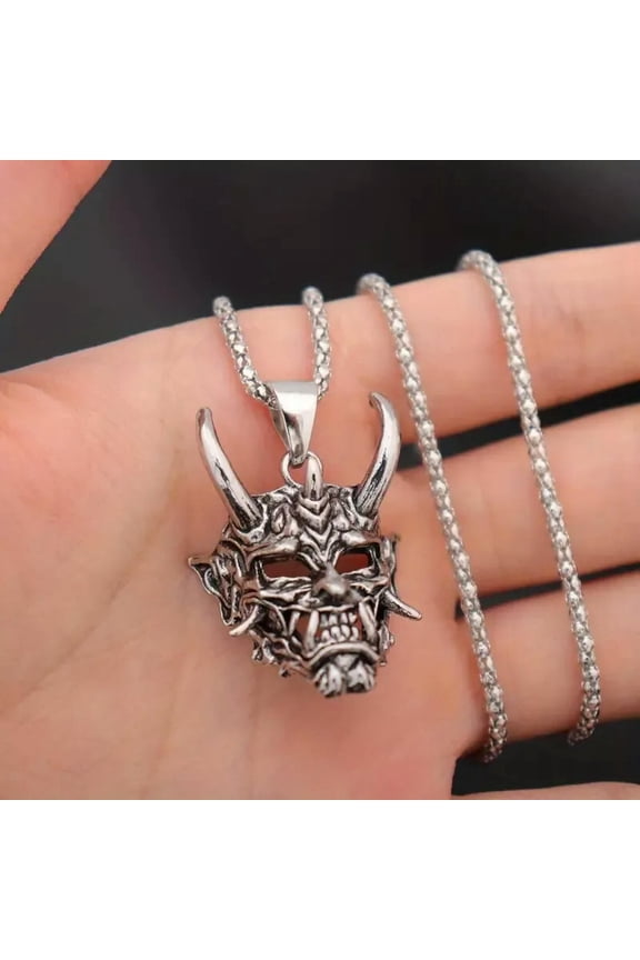 Gothic Skull Samurai Mask Pendant Necklace Stainless Steel Chain Silver