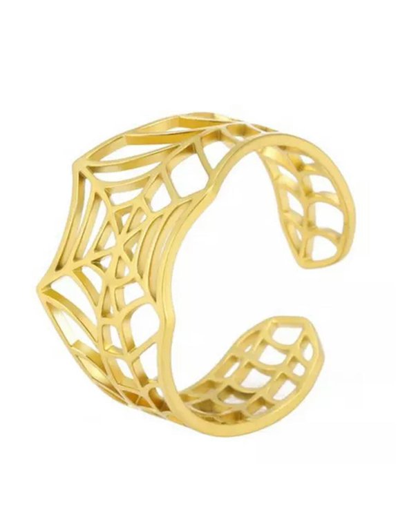 Gothic Spider Web Ring Womens Gold Stainless Steel Cybergoth Tarantula Band-8.5