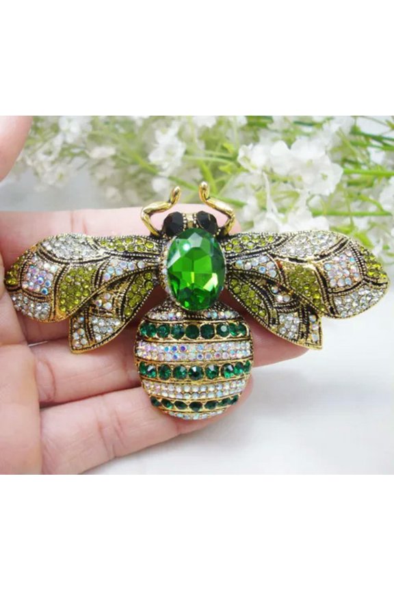 Green Bee Insect Gorgeous Gold-tone Woman Pendant Crystal Rhinestone Brooch Pin