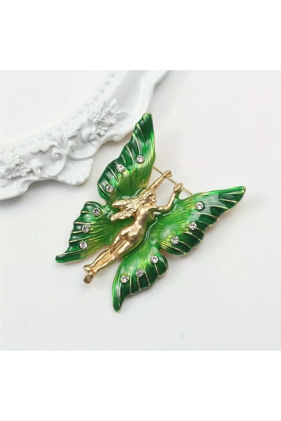 Green Elf Fairy Brooch Oil Drip Enamel and Rhinestones Pin Jewelry