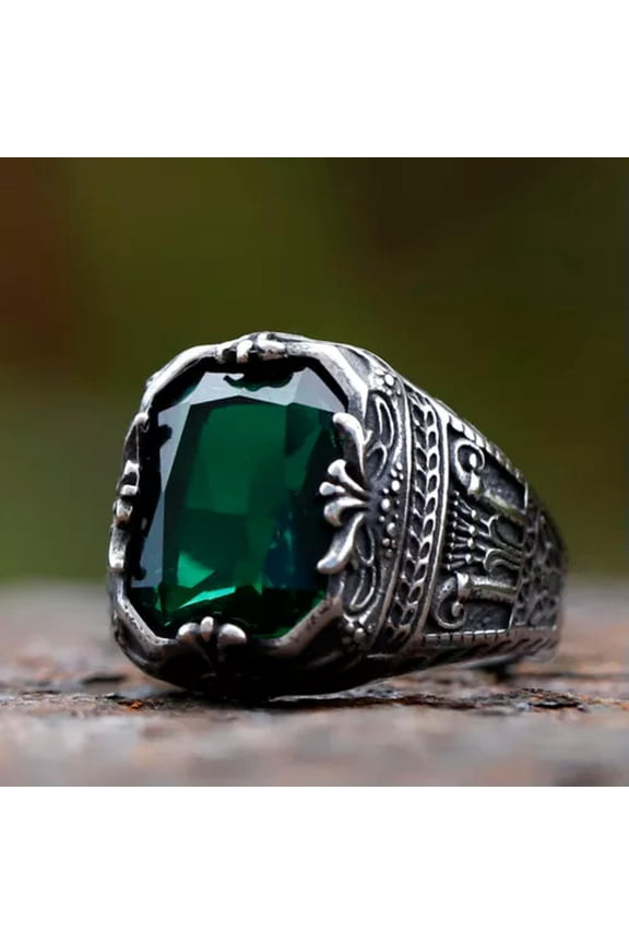 Green Zircon Crown Totem Stainless Steel Retro Biker Turkish Luxury Signet Ring-Silver-12