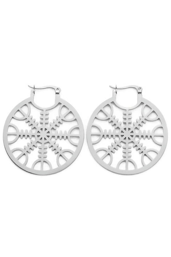 Helm of Awe Viking Earrings Silver Stainless Steel Large Norse Dangle Huggies