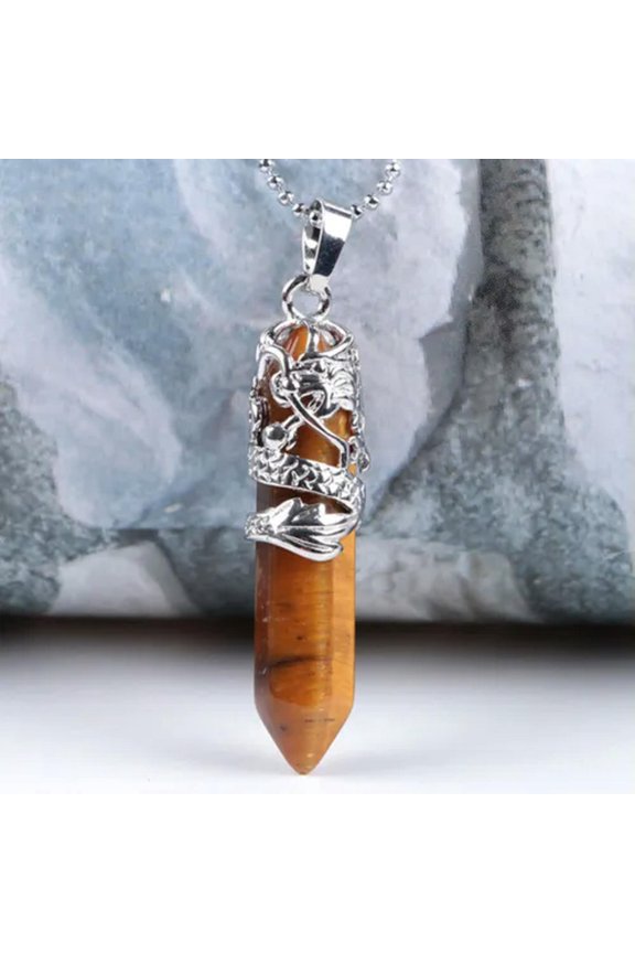 Hexagonal Natural Quartz Crystal Chakra Healing Point Pendant Necklace Jewely-Tiger Eye