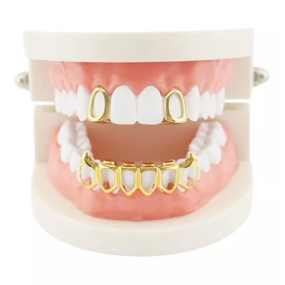 MATROOY Hip Hop Grills Custom Fit 2 Single Top & 6 Bottom Set Hollow Fangs Teeth Gri-Gold