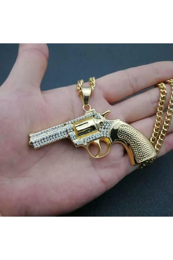 Hip Hop Necklace Pendant Jewelry Men's Stainless Steel Amulet Gold Plated Gun-gold