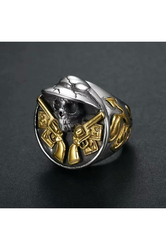 Hip hop gold plating dome finger rings stainless steel big heavy double gun mens-11-Gold