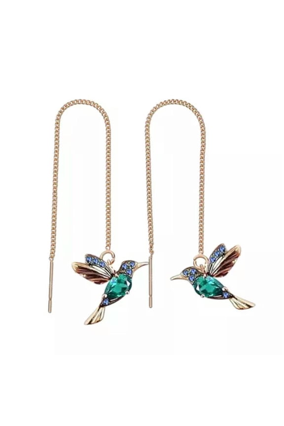 Hummingbird Earrings Stud Threader Long Drop Tassel Crystal Dangle Wholesale Hot-Blue