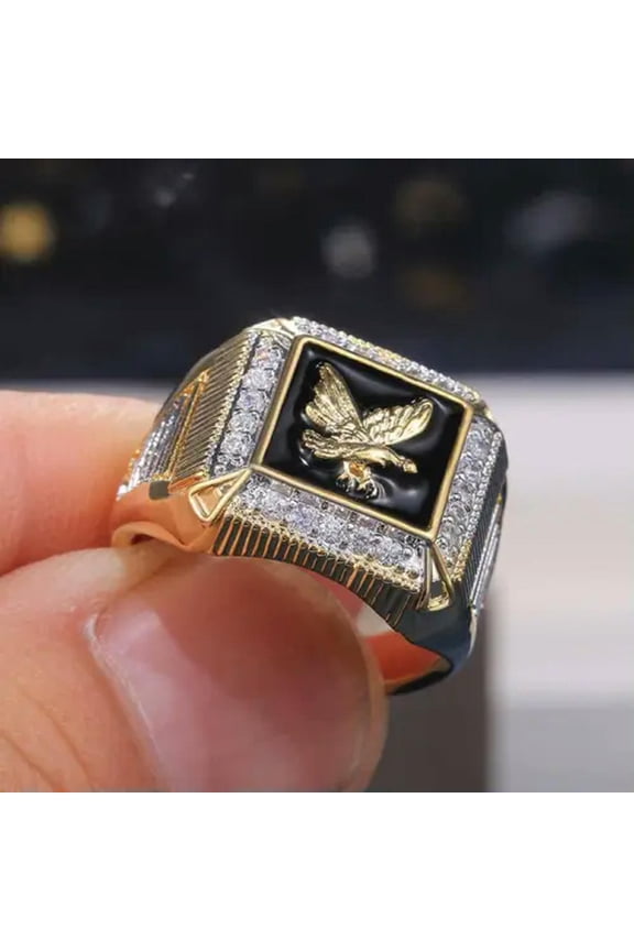 Inlaid Rhinestone Yellow Gold Plated Band Flying Eagle Rings for Men Gift Daily-01#-8