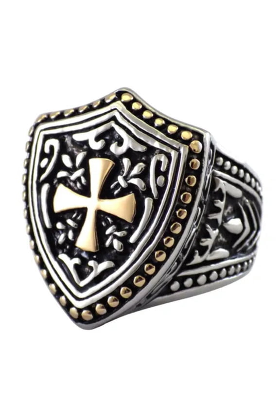 Knights Templar Ring Stainless Steel LARP Cosplay Shield Cross Band Sizes 8-15-10