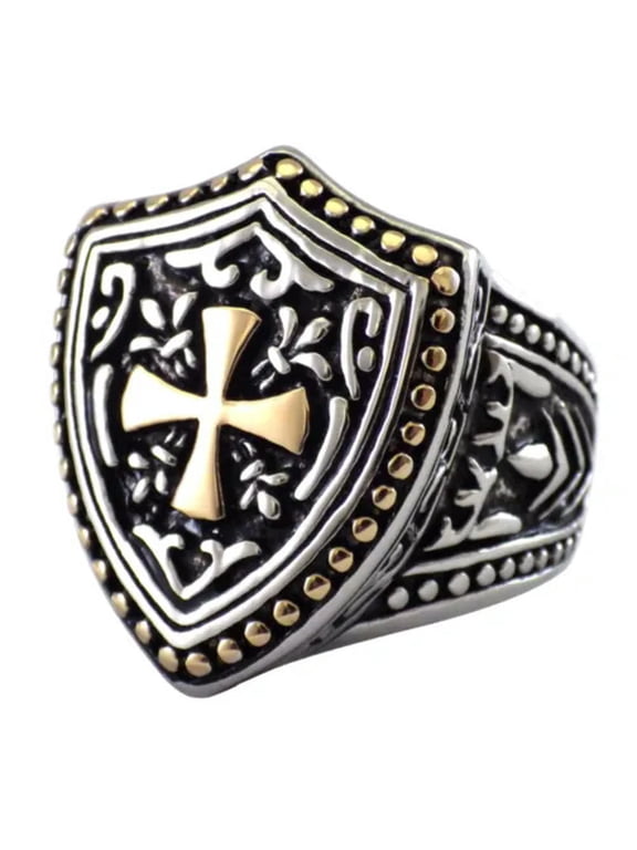 Knights Templar Ring Stainless Steel LARP Cosplay Shield Cross Band Sizes 8-15-14