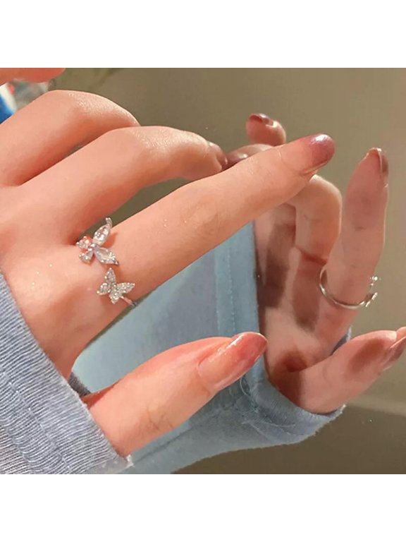 Korean Luxury Sparkling Alloy Butterfly Rings Fashion Adjustable Open Jewelr WY4