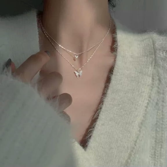 MATROOY Korean Style Fashion Butterfly Star Moon Pendant Double Layer Choker Necklace-A1