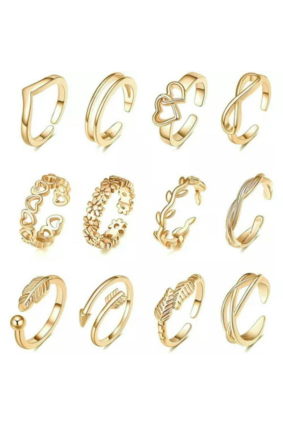 Ladies 12Pcs Toe Ring Knuckle Rings Set Retro Boho Foot Ring Women Set Jewelry-golden