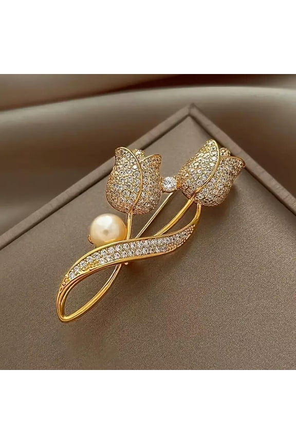 Lady Pin Rhinestone Imitation Pearl Tulip Shape Shiny Women Brooch Great Gift