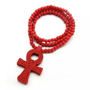 MATROOY Large Egyptian Ankh Cross Wood Pedant Necklace Ball Chain 35" Men's Jewelry Gift-Red (A)