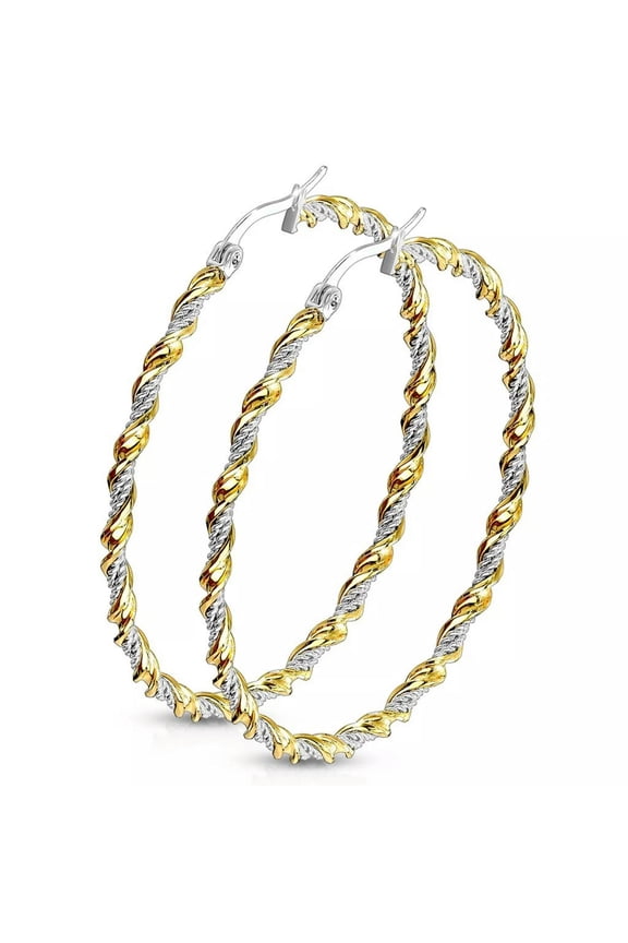 Large Rope Chain Hoop Earrings Two Tone Gold PVD 316L Surgical Stainless Steel
