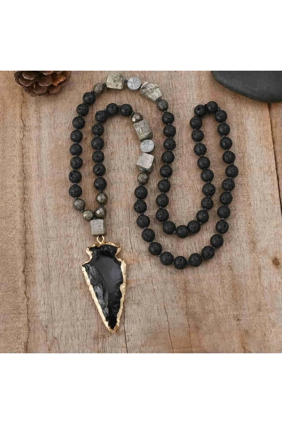 Lava Obsidian Beads Healing Strength Protection Arrowhead Men Necklace Talisman