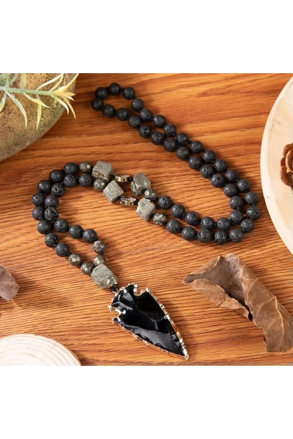 Lava Obsidian Mala Healing Amulet Protection Unisex Handmade Pendant Necklace