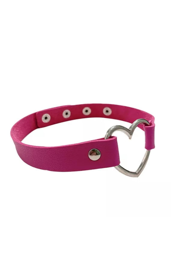 Leather Charm Neck Chain Collar Adjustable Necklace Heart Ring Fashion Jewelry --rose red