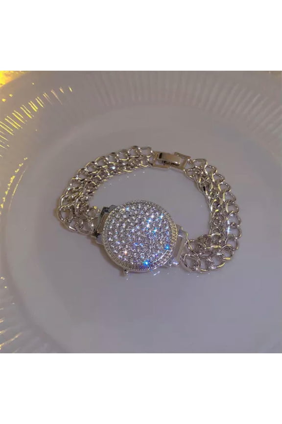 Light Luxury High Quality Full Rhinestone Clock Dial Bracelets Shiny Bracele WY4-Silver