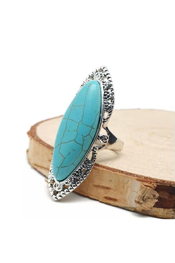 Long Blue Turquoise Ring Retro Style Boho Large Gemstone Cocktail Silver Plated-S