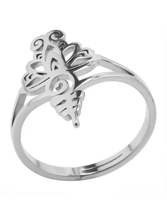 Lotus Flower Ring Silver 316L Stainless Steel Adjustable Bohemian Lily Band-7.5
