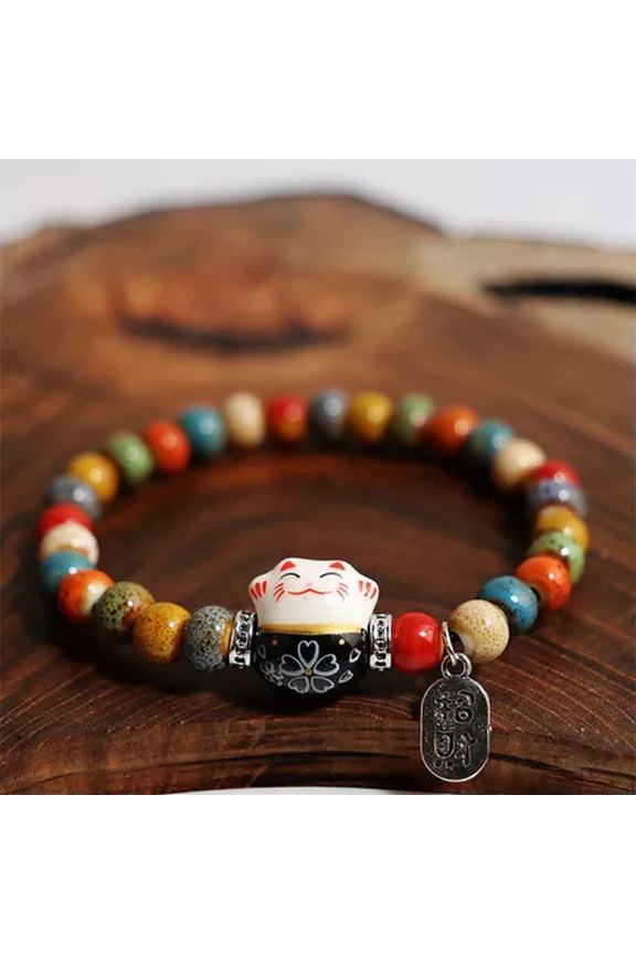 Lucky Cat Bracelet Colorful Beaded Chinese Style Ceramics Cat Pendant Bracel WY4-A5